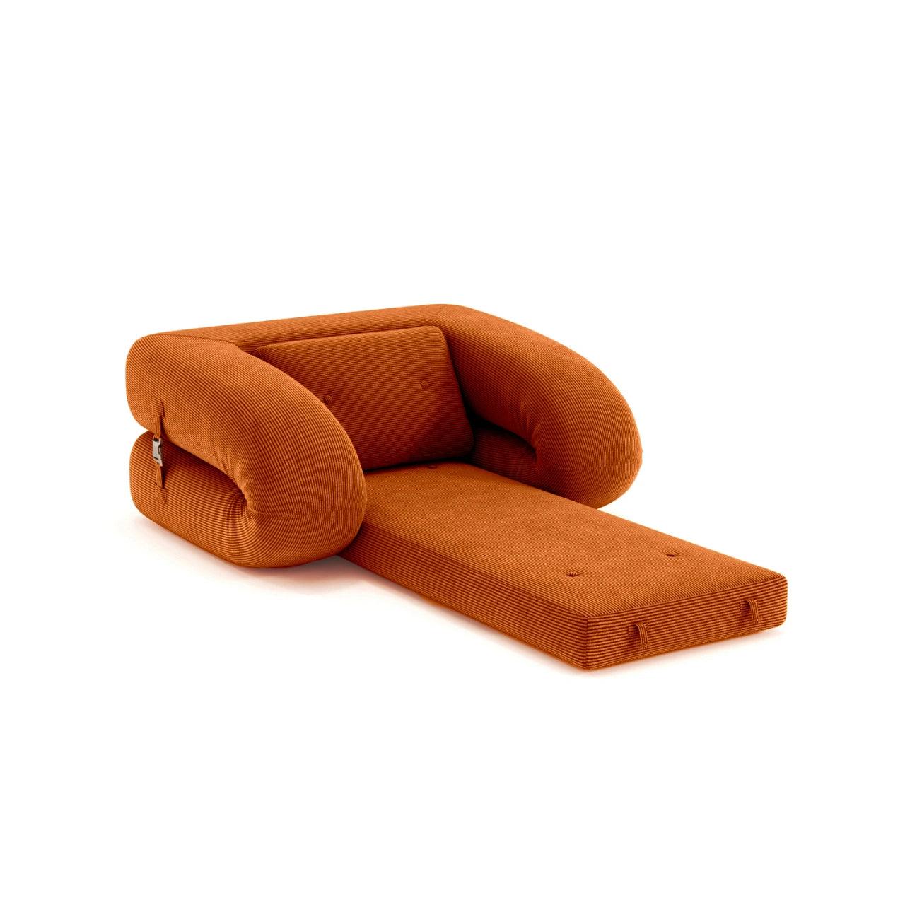 Flippo Sofa Bed in Orange color – sculptural design with plush corduroy, convertible to bed, modern furniture style